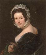 unknow artist Portrait of a young lady,half-length,wearing a black dress,with a green mantle,and a lace bonnet France oil painting artist